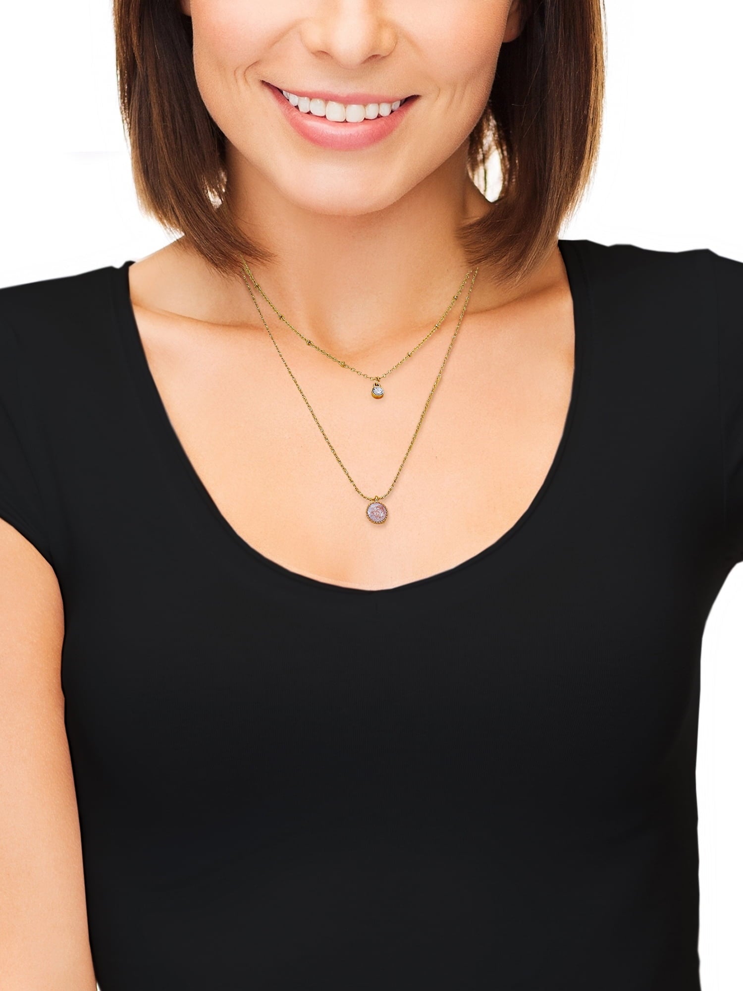 Time and Tru Women’s Layered Necklace with Cubic Zirconia Pendant