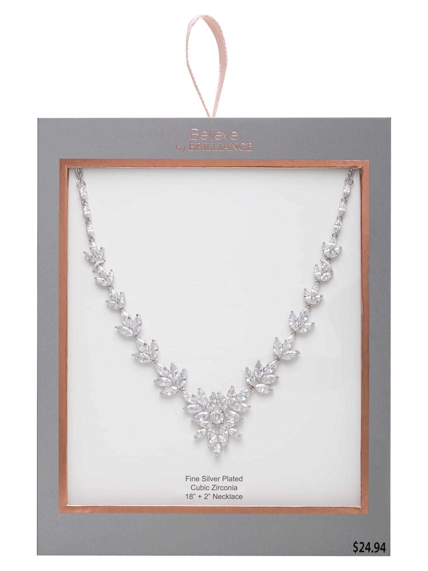 Believe by Brilliance Women's Sterling Silver and Cubic Zirconia Leaves Cluster Statement Necklace, 18"+ 2"