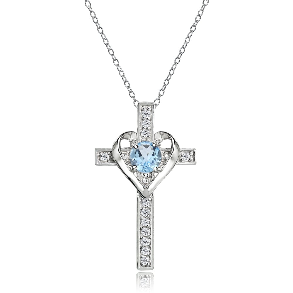 Sterling Silver Blue Topaz and White Topaz Heart Cross Birthstone Pendant Necklace