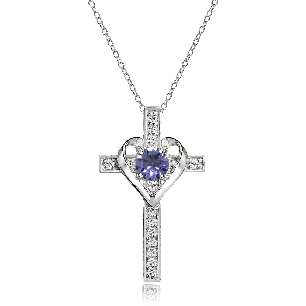 Sterling Silver Blue Topaz and White Topaz Heart Cross Birthstone Pendant Necklace