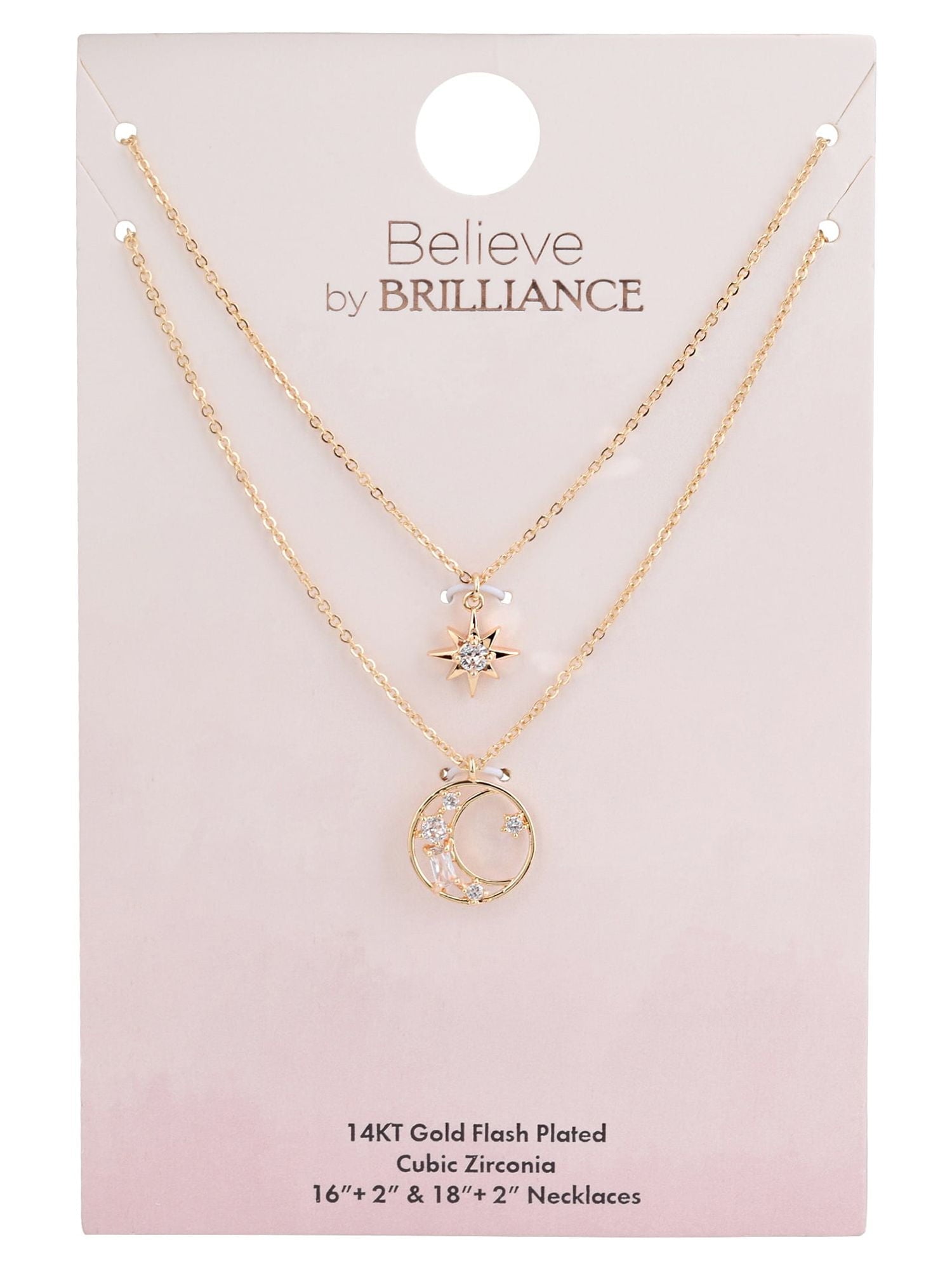 Believe by Brilliance Women's Adult Female 14kt Gold Flash Plated Moon and Stars with CZ Layered Necklace