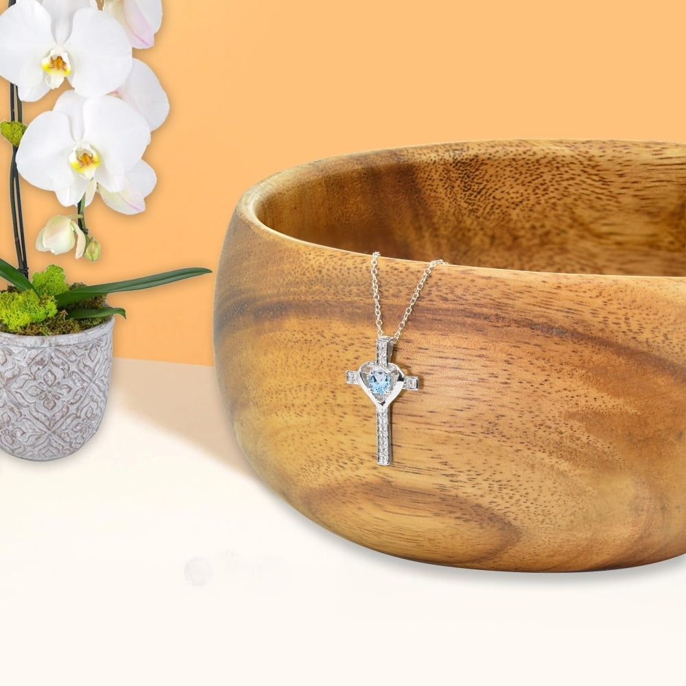 Sterling Silver Blue Topaz and White Topaz Heart Cross Birthstone Pendant Necklace